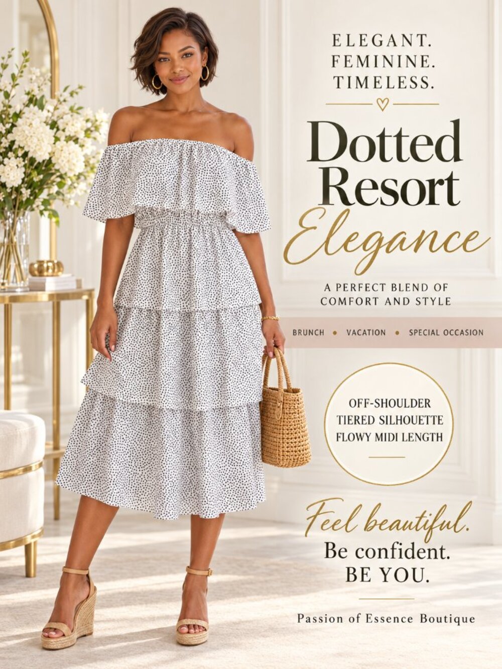 White Black Ditsy Dot Off-Shoulder Tiered Midi Dress Resort Vacation